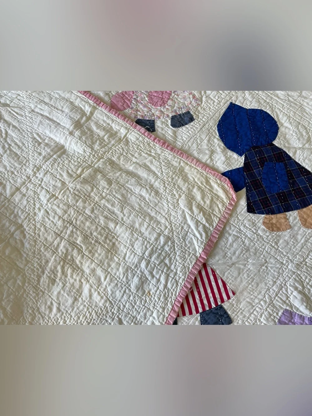 Vintage 1930s Sunbonnet Sue Quilt Hand Quilted Applique Feedsack Folk Art